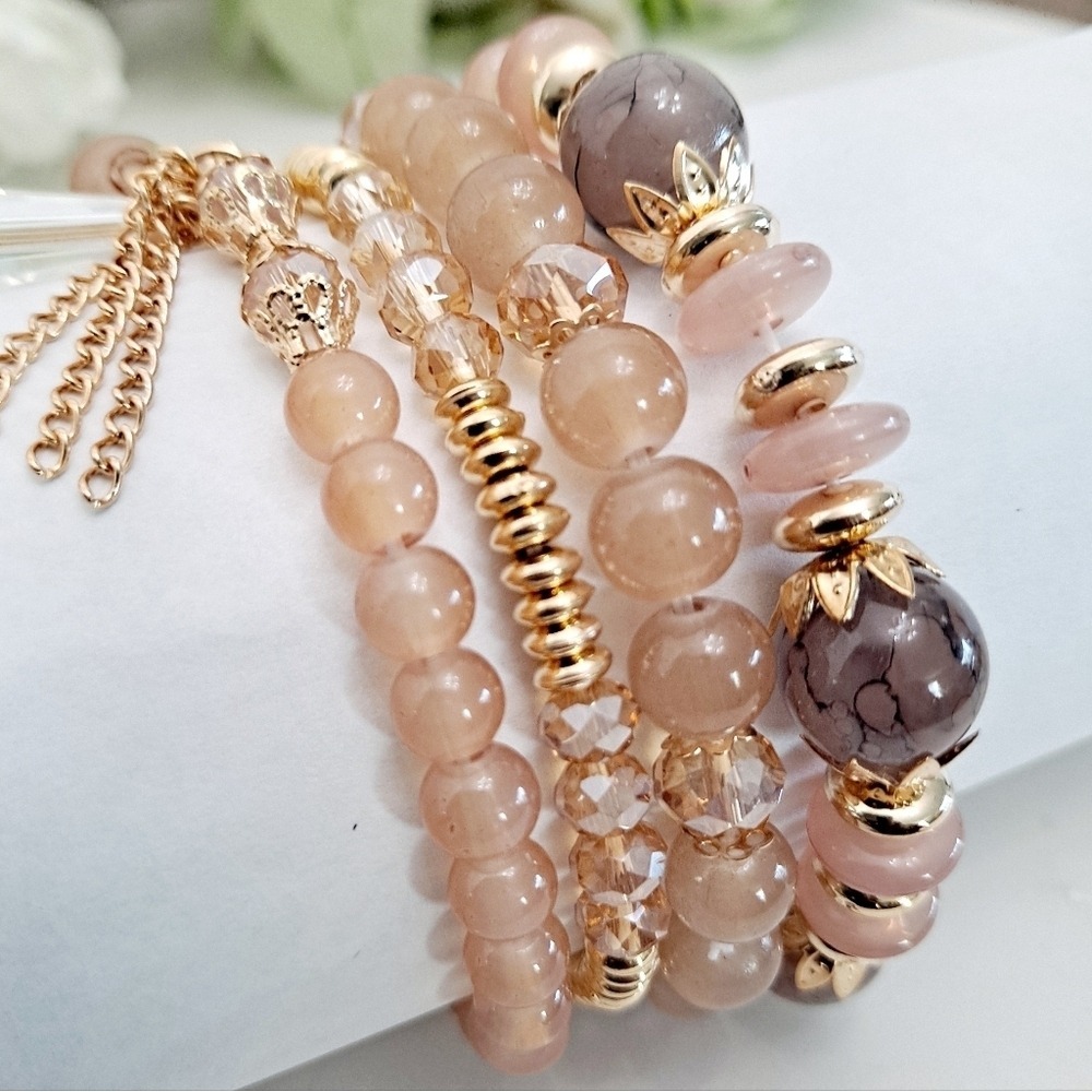 Boho Elastic Beaded gold pink Charm Bracelet Stretch multilayer set 💖2/$30 - Picture 9 of 11